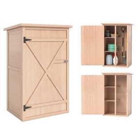 Caseta de jardín de madera 75x56x115 cm con 3 estantes, puerta con pestillo y techo asfáltico natural