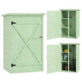 Caseta de jardín de madera 75x56x115 cm con 3 estantes, puerta con pestillo y techo asfáltico verde