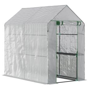 Invernadero de jardín con 4 estantes, puerta enrollable, cubierta PE 140g/m², acero, 120x186x190 cm, blanco