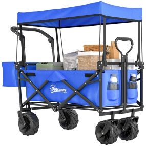 Carro de transporte plegable con ruedas universales, toldo y manillar regulable, 68 kg, azul