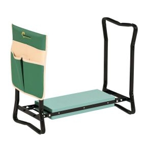 Taburete de jardín plegable con bolsa para herramientas, cojín y altura ajustable, 150 kg, verde y negro