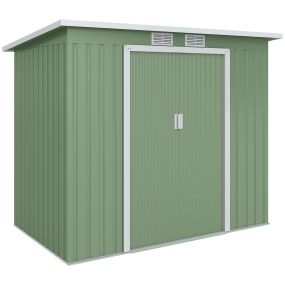 Caseta de jardín exterior metálica 2,4 m² 213x130x172 cm verde con puerta corredera y 2 ventanas