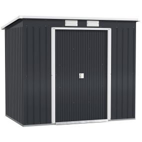 Caseta de jardín exterior metálica 2,4 m² 213x130x172 cm gris oscuro con puerta corredera, techo inclinado y 2 ventanas