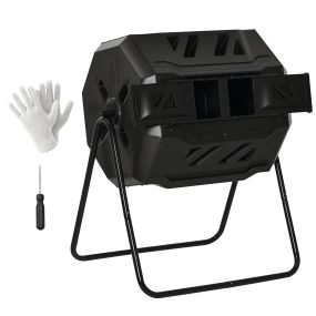 Compostador giratorio de 160 L de doble cámara con ventilación y patas de acero negro 71x65x96 cm