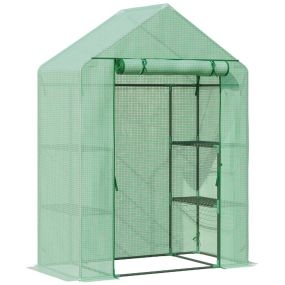 Invernadero de jardín 141x72x191 cm con 4 estantes, puerta enrollable, PE 140g/m² y acero verde