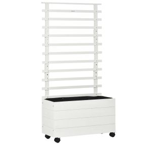 Jardinera de madera maciza con enrejado, 4 ruedas, tela geotextil, 76x30x155 cm, blanco