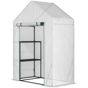 Invernadero pequeño de exterior con 2 estantes, puerta enrollable, acero y PE, 143x73x195 cm, blanco