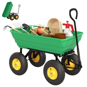 Carro de jardín basculante 200 kg 75 L con marco de acero y 4 ruedas neumáticas verde