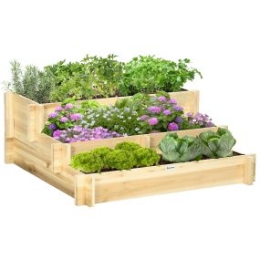 Jardinera de madera de 3 niveles con tela no tejida 93x93x35 cm natural
