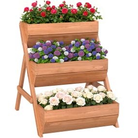 Jardinera de madera de 3 niveles con drenaje 65x75x76 cm marrón para terraza y jardín