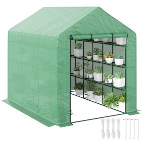 Invernadero de exterior pequeño con 4 niveles, puerta con cremallera, acero, 244x180x210 cm, verde