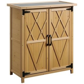 Caseta de jardín de madera 75x40x90 cm con 4 estantes, 2 puertas y techo de acero galvanizado natural