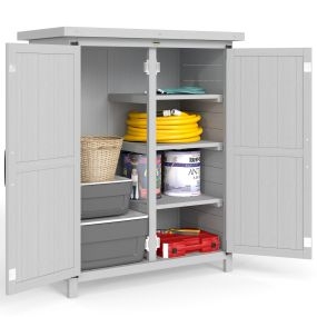 Caseta de jardín de madera 75x40x90 cm gris con 4 estantes 2 puertas y techo de acero galvanizado