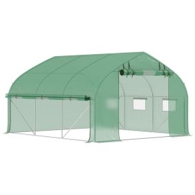 Invernadero túnel 347x300x200 cm con puerta enrollable, 6 ventanas, PE 140g/m², acero galvanizado, verde