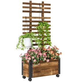 Jardinera exterior grande de madera con celosía, ruedas y esquinas metálicas, 65x31x147 cm, carbonizado