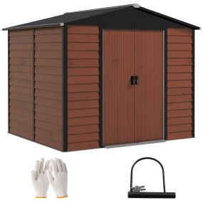 Caseta de jardín exterior metálica 4,4 m² 240x206x198 cm con base reforzada, puerta corredera, cerradura y 4 ventanas, teca