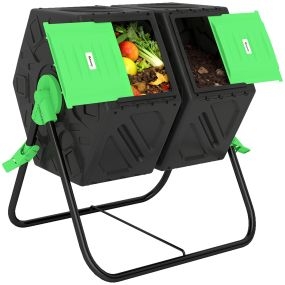 Compostador giratorio de 130 L de doble cámara con ventilación y patas de acero negro 67x60x77 cm