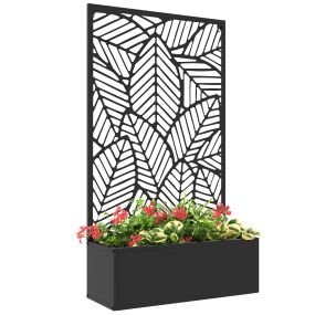 Jardinera exterior grande de metal con pantalla de privacidad de hojas 61x23x113 cm negro