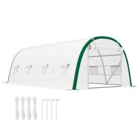 Invernadero túnel exterior 6x3x2 m con puerta enrollable, 8 ventanas, PE 140 g/m², acero galvanizado, blanco