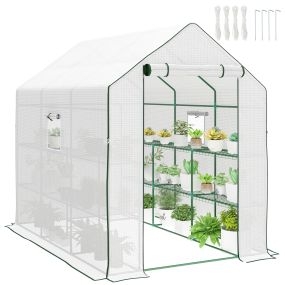 Invernadero de jardín 3 niveles con 12 estantes, puerta enrollable, anti-UV, 140x213x190 cm blanco
