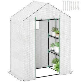 Invernadero de exterior pequeño de 3 niveles con 6 estantes y cubierta de PE blanco 143x74x190 cm