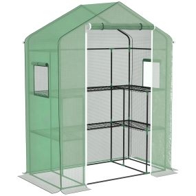 Invernadero de exterior 3 niveles con puerta enrollable, 2 ventanas, estantes en U, 140x73x190 cm, verde