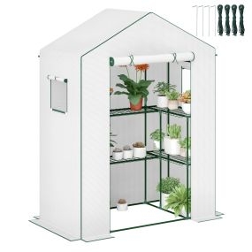 Invernadero de exterior de 3 niveles con puerta enrollable, 2 ventanas y estantes en U 140x73x190 cm blanco