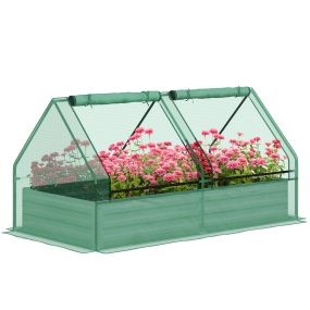 Jardinera exterior grande con mini invernadero de acero galvanizado 185x95x92 cm gris y verde