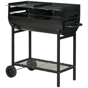 Barbacoa de carbón portátil con parrilla ajustable, estante y ruedas 90x45x96 cm negro