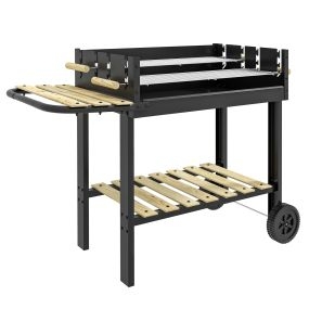 Barbacoa de carbón portátil 113x53,5x82,5 cm con 2 parrillas ajustables, mesa lateral, estante y ruedas, negro