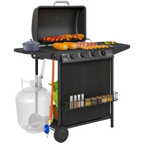Barbacoa de gas portátil 4+1 quemadores 12 kW con termómetro, mesa lateral y 2 ruedas negra
