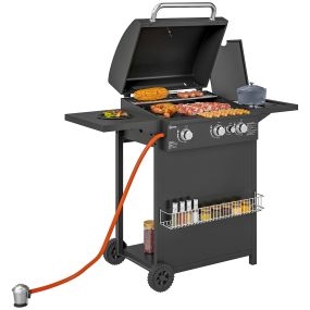 Barbacoa de gas portátil 3+1 quemadores 8,5 kW con termómetro, mesa lateral y 2 ruedas negra