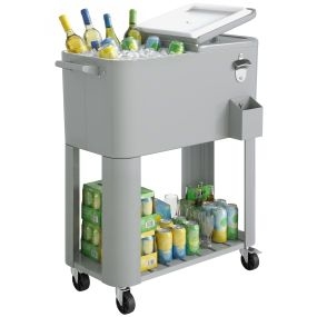 Carrito nevera 76L con ruedas, estante, abrebotellas, recogetapas y 2 asas, 92x39x81 cm, plateado