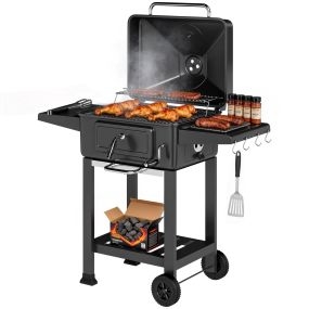 Barbacoa de carbón portátil móvil con bandeja, ventilación ajustable, estantes, termómetro y ruedas