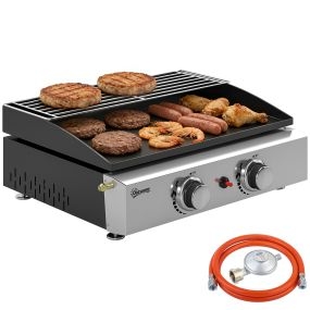 Barbacoa de gas portátil con 2 quemadores 5 kW, plancha, rejilla y recogedor de grasa, negro