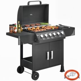 Barbacoa de gas portátil negra con 6 quemadores, 15 kW, termómetro, mesas laterales y armario