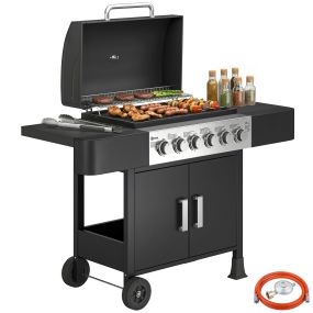 Barbacoa de gas BBQ con 6 quemadores 15 kW portátil negra con termómetro y 2 mesas laterales