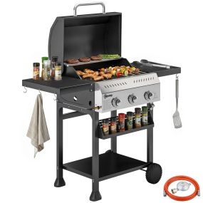 Barbacoa de gas portátil con 3 quemadores 9 kW, termómetro, mesas laterales plegables, negro