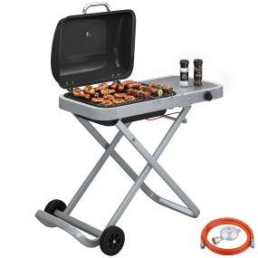 Barbacoa de gas plegable portátil negra con quemador 2,5 kW, termómetro, mesa lateral y ruedas