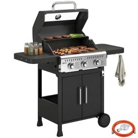 Barbacoa de gas portátil con 3 quemadores 7,5 kW, termómetro, mesas laterales y armario