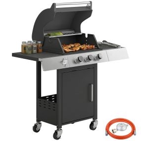 Barbacoa de gas portátil con 3 quemadores, 8,1 kW, termómetro, mesas laterales y armario, negro