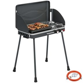 Barbacoa de gas propano portátil 2 en 1 7 kW con plancha grande negra para picnic y camping
