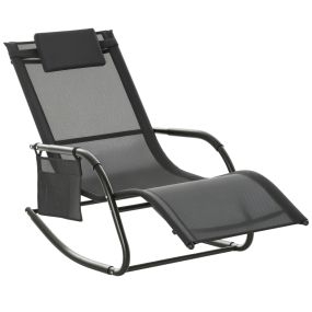 Mecedora de exterior tumbona con reposabrazos, reposacabezas acolchado y bolsillo lateral, 150x62x88 cm, negro