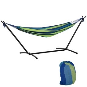 Hamaca con soporte 310x117 cm portátil altura ajustable carga 120 kg rayas verde y azul