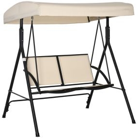 Columpio de jardín exterior 2 plazas con techo ajustable, acero y textilene, beige, 140x118x162 cm