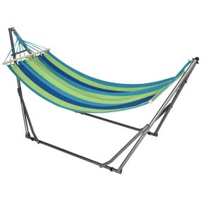 Hamaca plegable 2 en 1 con soporte de acero, algodón, 120 kg, 270x100x94 cm, azul y verde