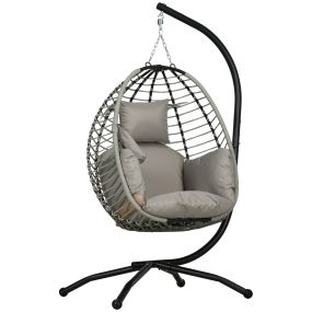 Silla colgante huevo con soporte, plegable, reposacabezas, cojín y bolsillo lateral, gris