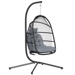 Silla colgante huevo con soporte, cesta plegable, cojín anti-UV y reposacabezas desmontable, gris oscuro, 150 kg