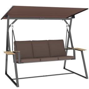 Columpio de jardín 3 plazas con techo ajustable UPF50+, 2 bandejas, cojines, metal, marrón, 222x131x175 cm, 360 kg