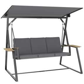 Columpio de jardín 3 plazas con techo ajustable UPF50+, 2 bandejas, cojines, metal, gris, 222x131x175 cm
